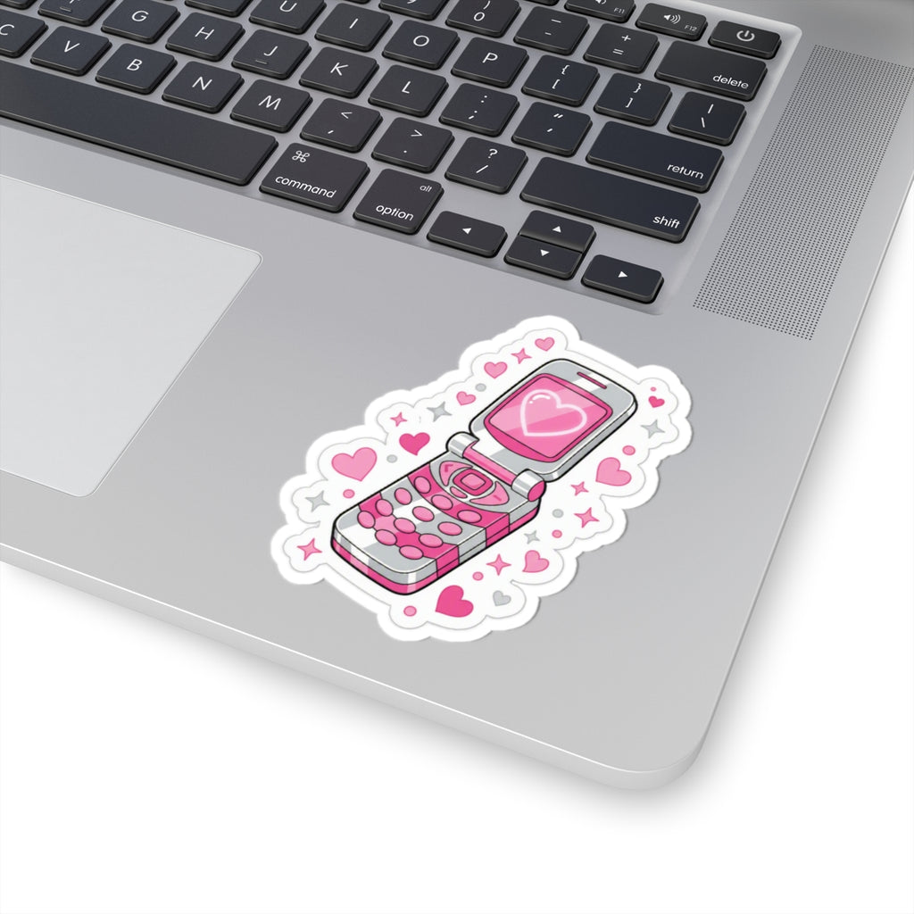 📱 Retro Pink Flip Phone Kiss-Cut Sticker | Y2K Heart Cell Phone Decal 💕✨