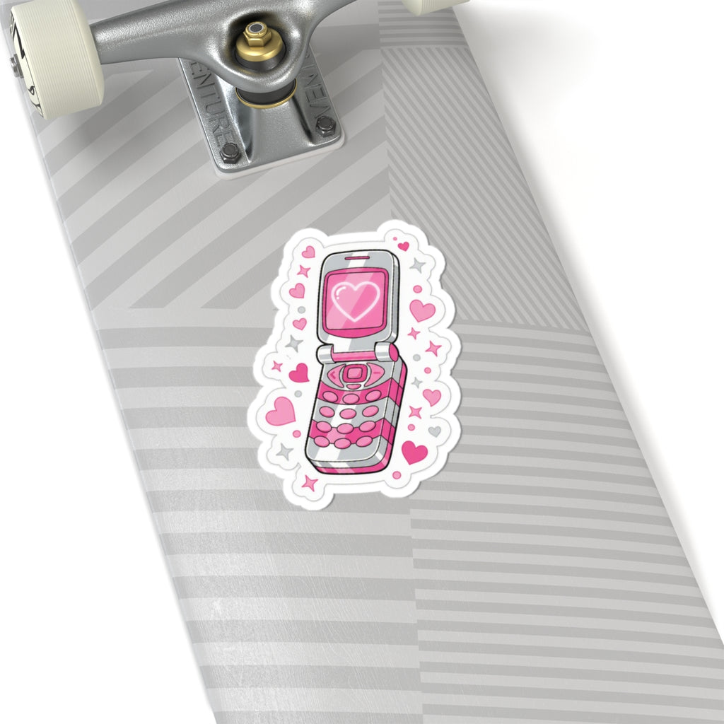 📱 Retro Pink Flip Phone Kiss-Cut Sticker | Y2K Heart Cell Phone Decal 💕✨