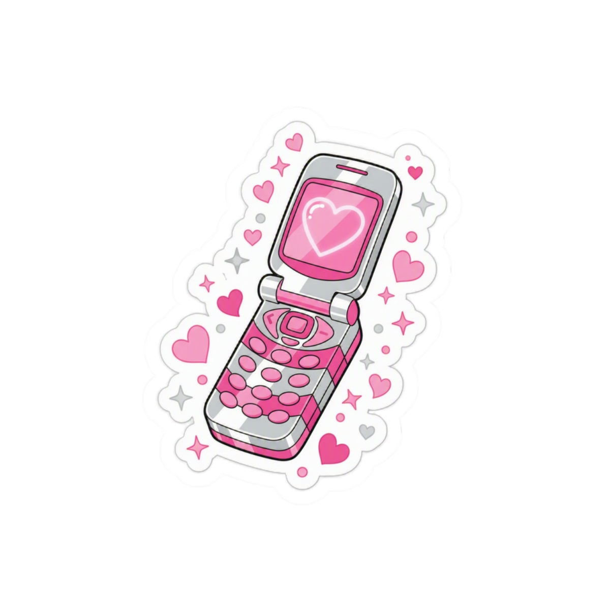 📱 Retro Pink Flip Phone Kiss-Cut Sticker | Y2K Heart Cell Phone Decal 💕✨