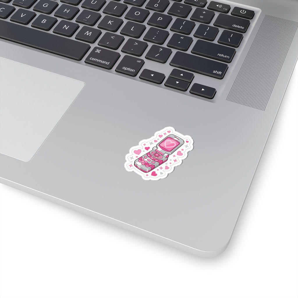 📱 Retro Pink Flip Phone Kiss-Cut Sticker | Y2K Heart Cell Phone Decal 💕✨