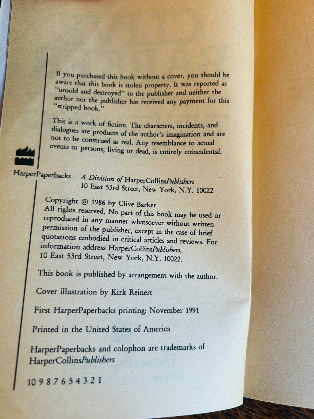 Copyright page showing 1986 copyright and first HarperPaperbacks printing November 1991 with number line ending in 1