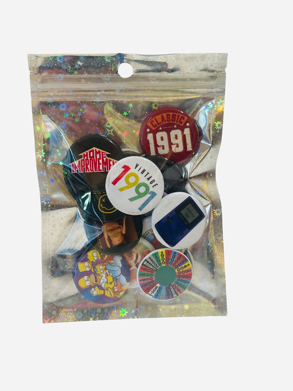 1991 Nostalgia 12-Button Pack – Packaged in holographic zip bag