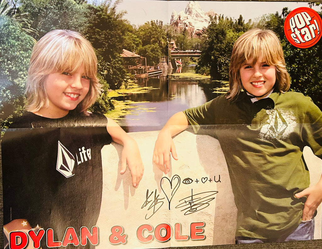 Pop Star! magazine double-sided poster side B featuring Dylan and Cole Sprouse smiling outdoors at Disney park leaning on stone wall wearing Volcom tees with Disney waterway background DYLAN & COLE text in red, handwritten signatures and heart eye plus heart plus U inscription