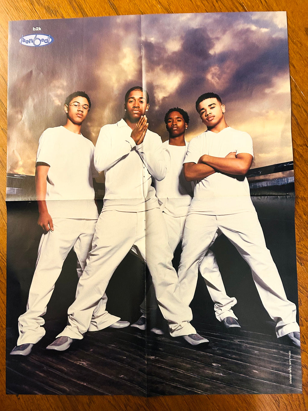 B2K reverse side of 2002 Teen People double-sided poster, group wearing white outfits