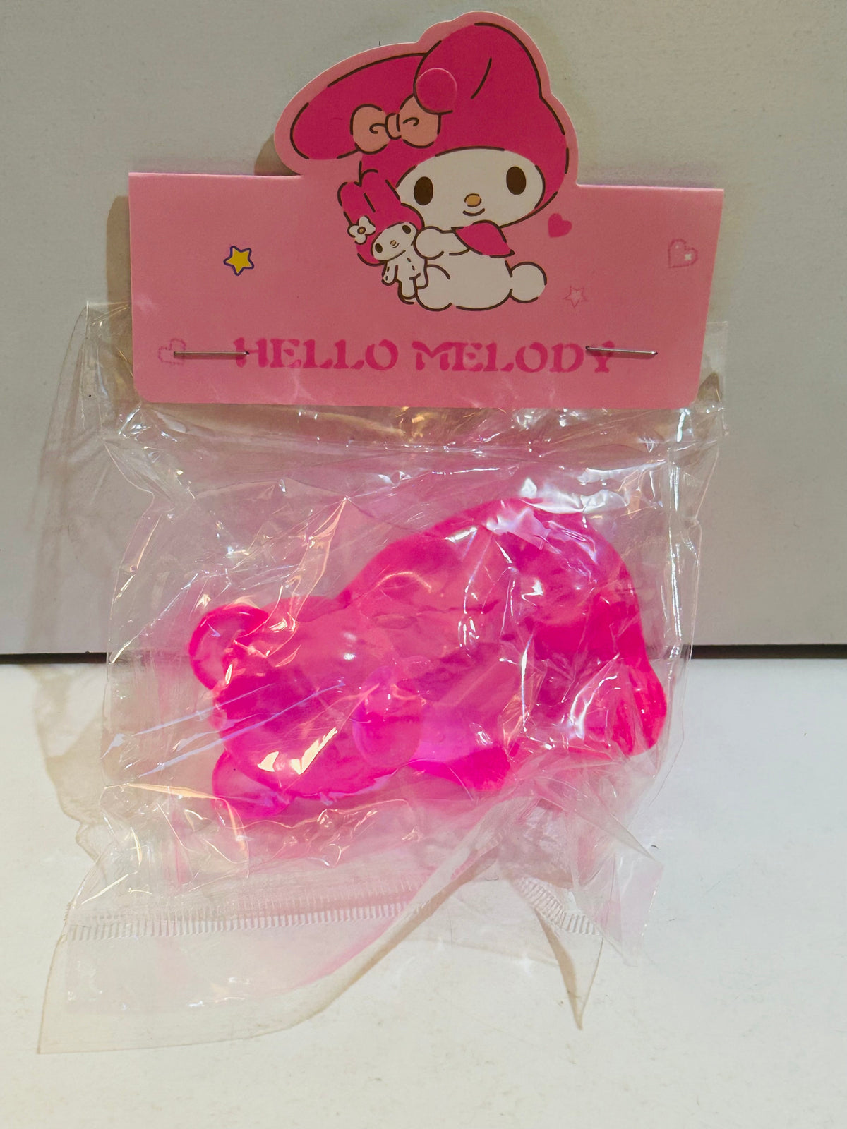 My Melody Hello Melody sealed pink gummy stress figure in original plastic bag with illustrated header card