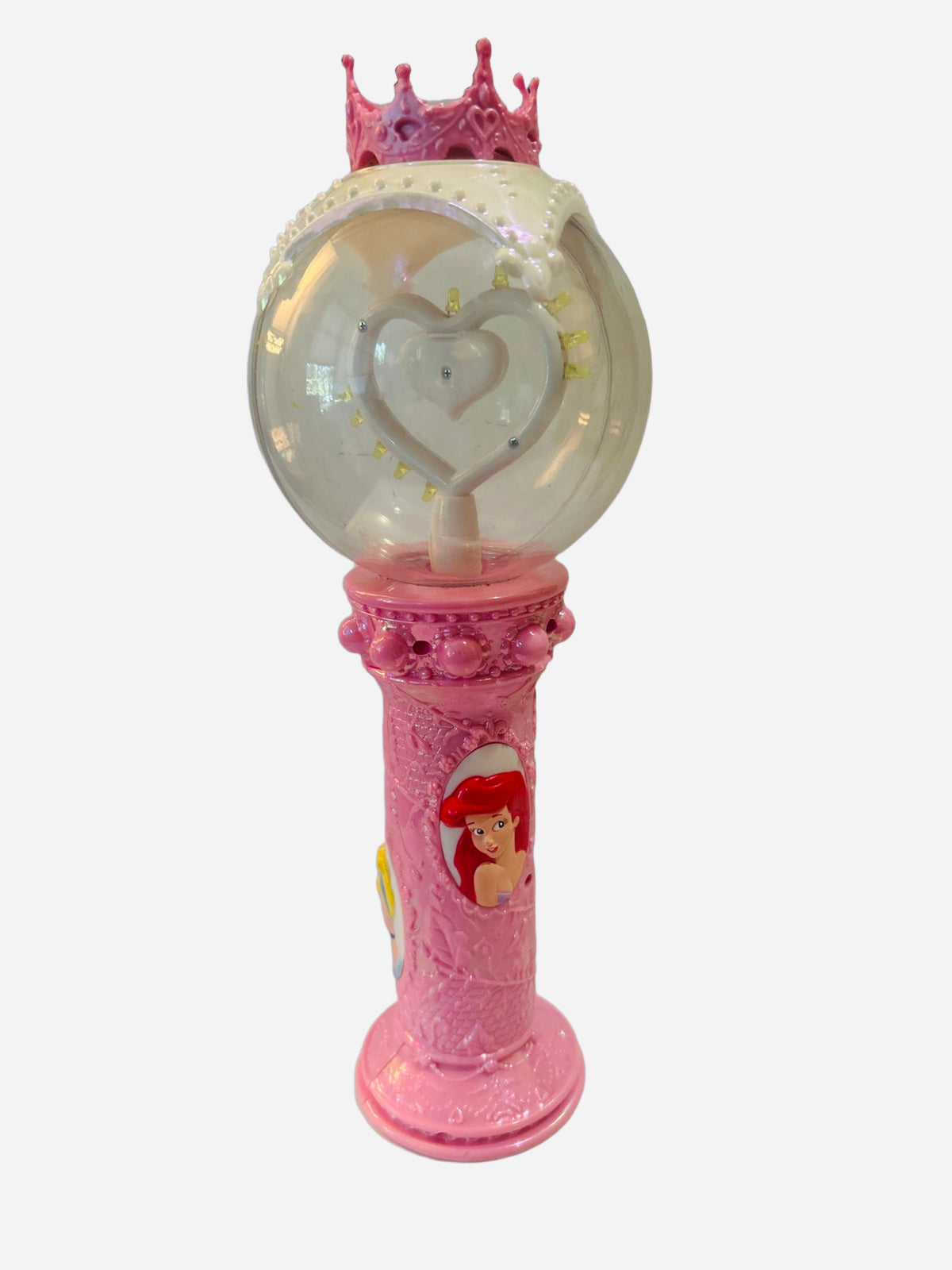 Disney Princess Ariel light-up globe wand with pink crown topper, white spinning heart orb, and pink ornate column handle with Ariel cameo portrait