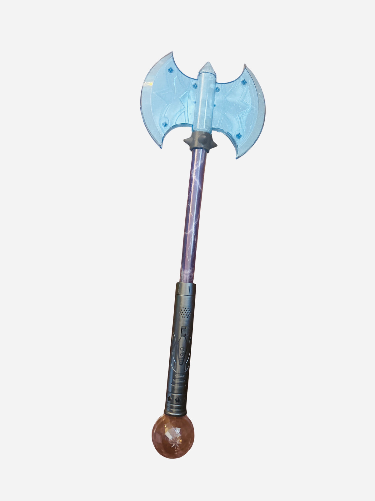 22 inch light-up battle axe toy with translucent blue double crescent blade, clear purple lightning shaft, dark grey sculpted handle with speaker grill and runic engravings, brown orb pommel