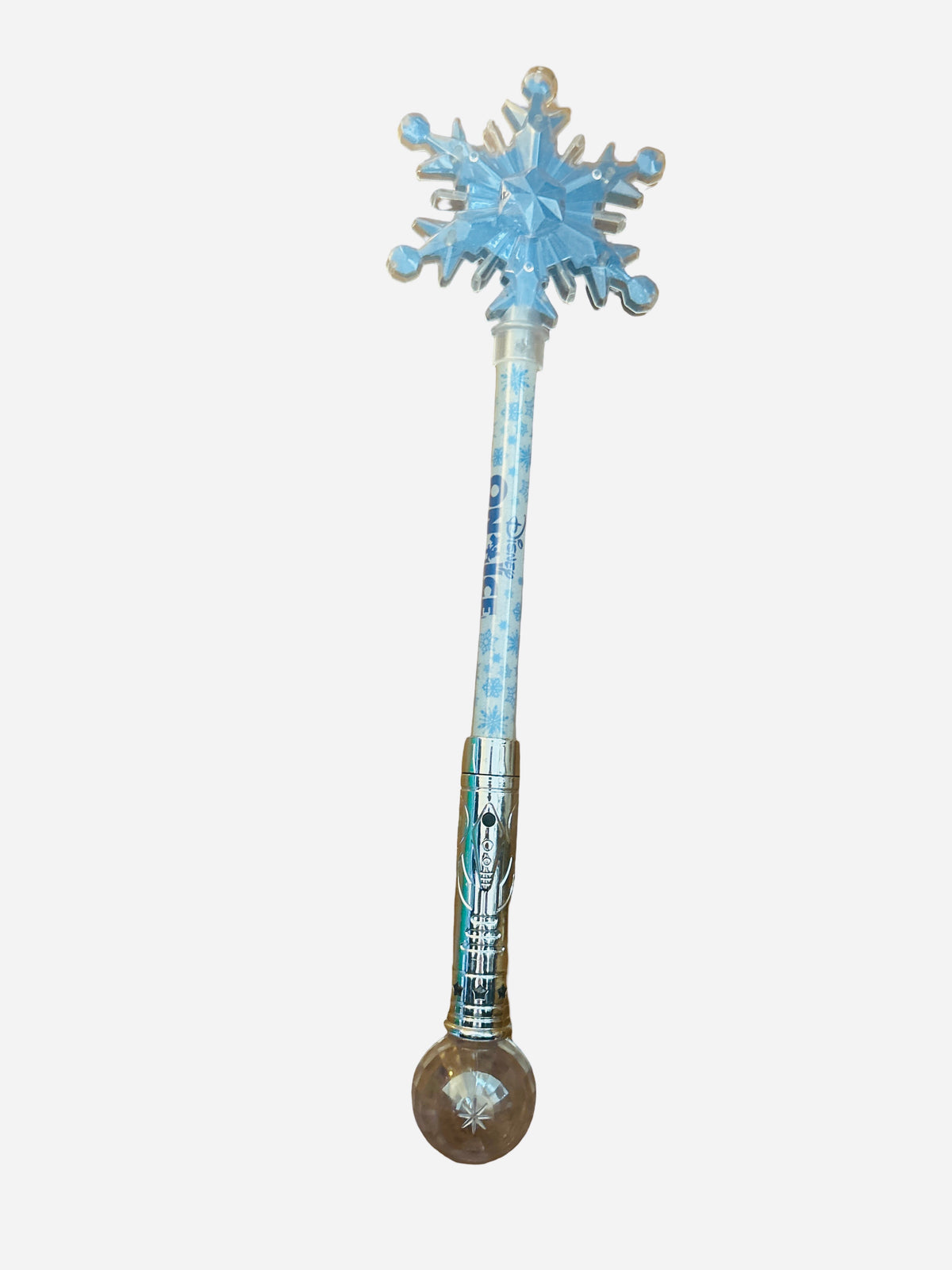 21 inch Disney Frozen on Ice exclusive light-up snowflake wand souvenir with translucent ice-blue snowflake topper, clear holographic shaft, metallic silver engraved handle, and clear orb pommel with snowflake motif
