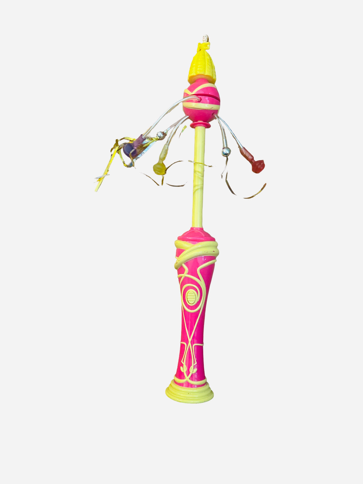 18 inch Disney Belle spinning wand toy in hot pink and neon yellow with gold scroll handle detailing, tiered orb top with curling wire arms and colorful bead charms