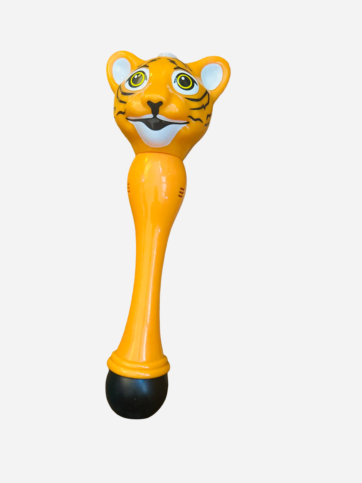 Yellow and orange tiger head light-up bubble wand toy with green eyes, black stripe details, curved handle, and black ball base