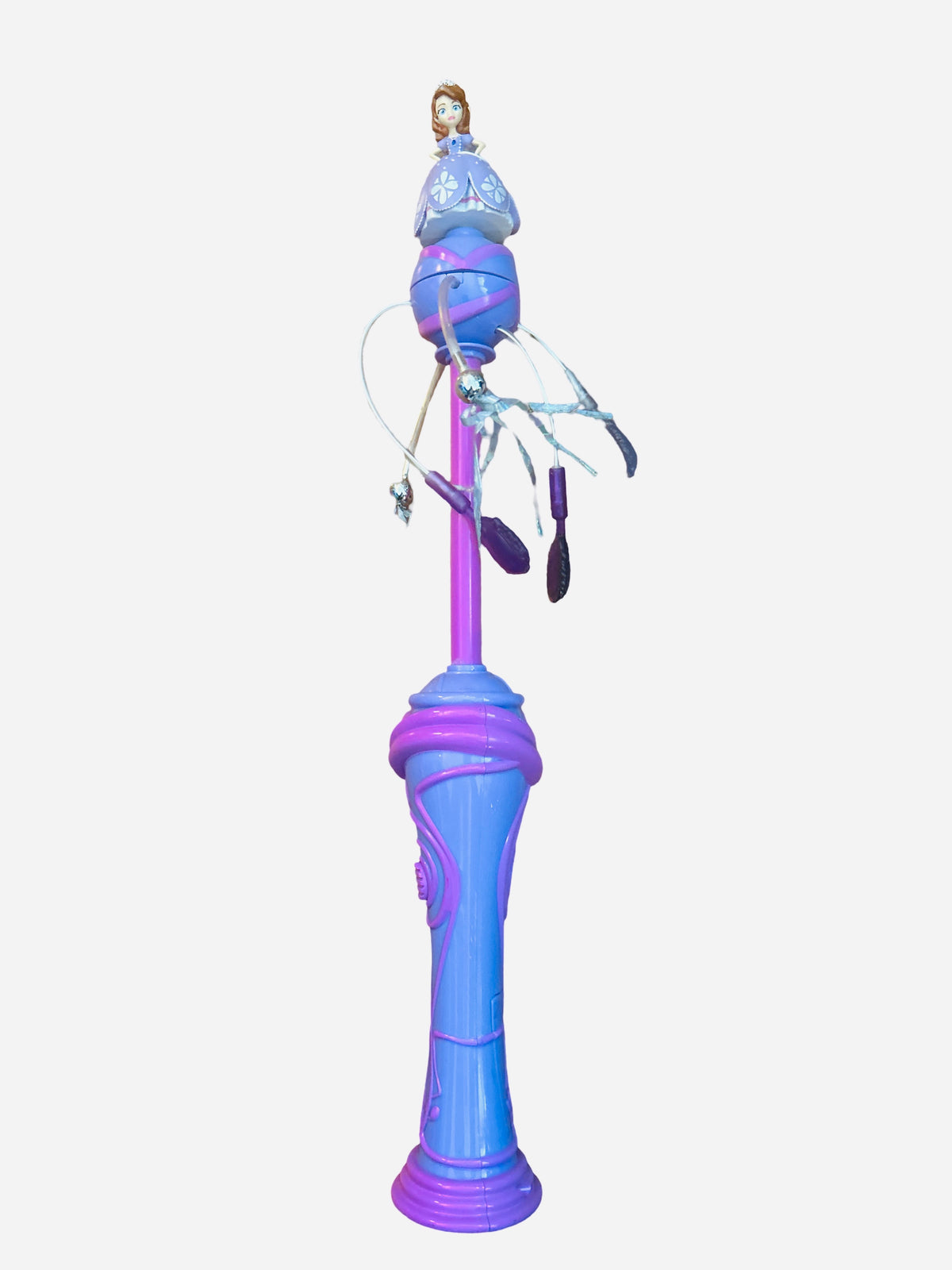 18 inch Disney Sofia the First spinning wand toy with Sofia figure topper in blue gown, spinning orb with clear wire arms and dangling purple silver charms, ornate blue and purple sculpted handle