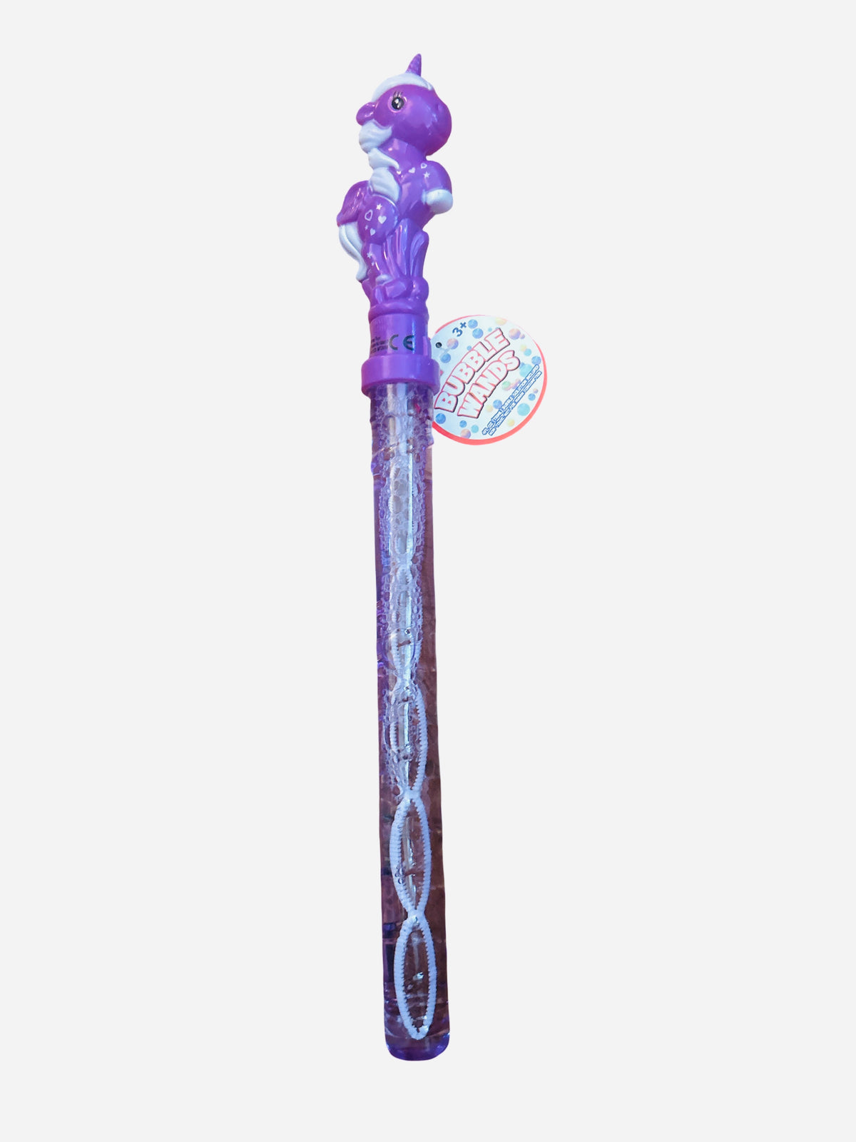 15 inch purple and white unicorn bubble wand with multiple bubble ring loops along clear purple stem and original Bubble Wands hang tag attached