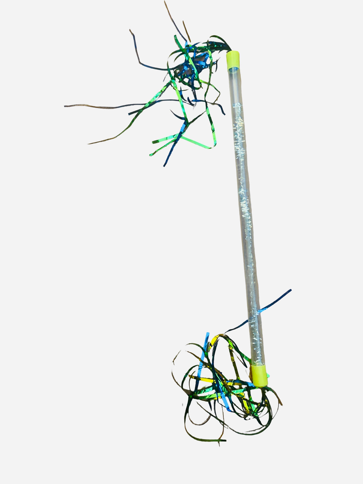 17.5 inch clear acrylic streamer baton with neon yellow end caps and holographic green, blue, and yellow ribbon streamers at both ends
