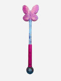 23 inch light-up butterfly wand toy with translucent pink purple butterfly topper, clear shaft with blue butterfly print, bright magenta pink handle with speaker, and dark grey orb pommel