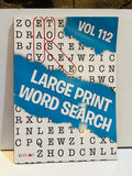 Bendon Large Print Word Search Volume 112 paperback cover with bold letter grid background and blue cloud design with Vol 112 and Large Print Word Search text
