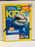 National Geographic Kids magazine June July 2020 issue featuring Hi Sharks cover story with great white shark, Weird But True, Bobcat Rescue, 30 Cool Things About Planets, and Inside Collector's Cards callout, mailing label covered