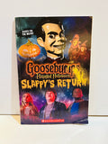 Goosebumps Haunted Halloween Slappy's Return paperback book cover featuring Slappy the ventriloquist dummy, three kids, a jack-o-lantern, and Halloween monsters on a dark spooky background, published by Scholastic, based on the movie, 2018