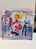 Barbie Star Light Adventure Space Princess 8x8 paperback book cover featuring Barbie in pink space suit on hoverboard with friends and flying cat, Over 50 Stickers callout, 2016