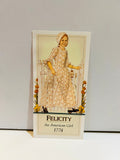 1991 Felicity An American Girl 1774 collectible bookmark featuring full-color illustration of Felicity in colonial floral gown and bonnet standing at white picket gate with golden flowers, Pleasant Company