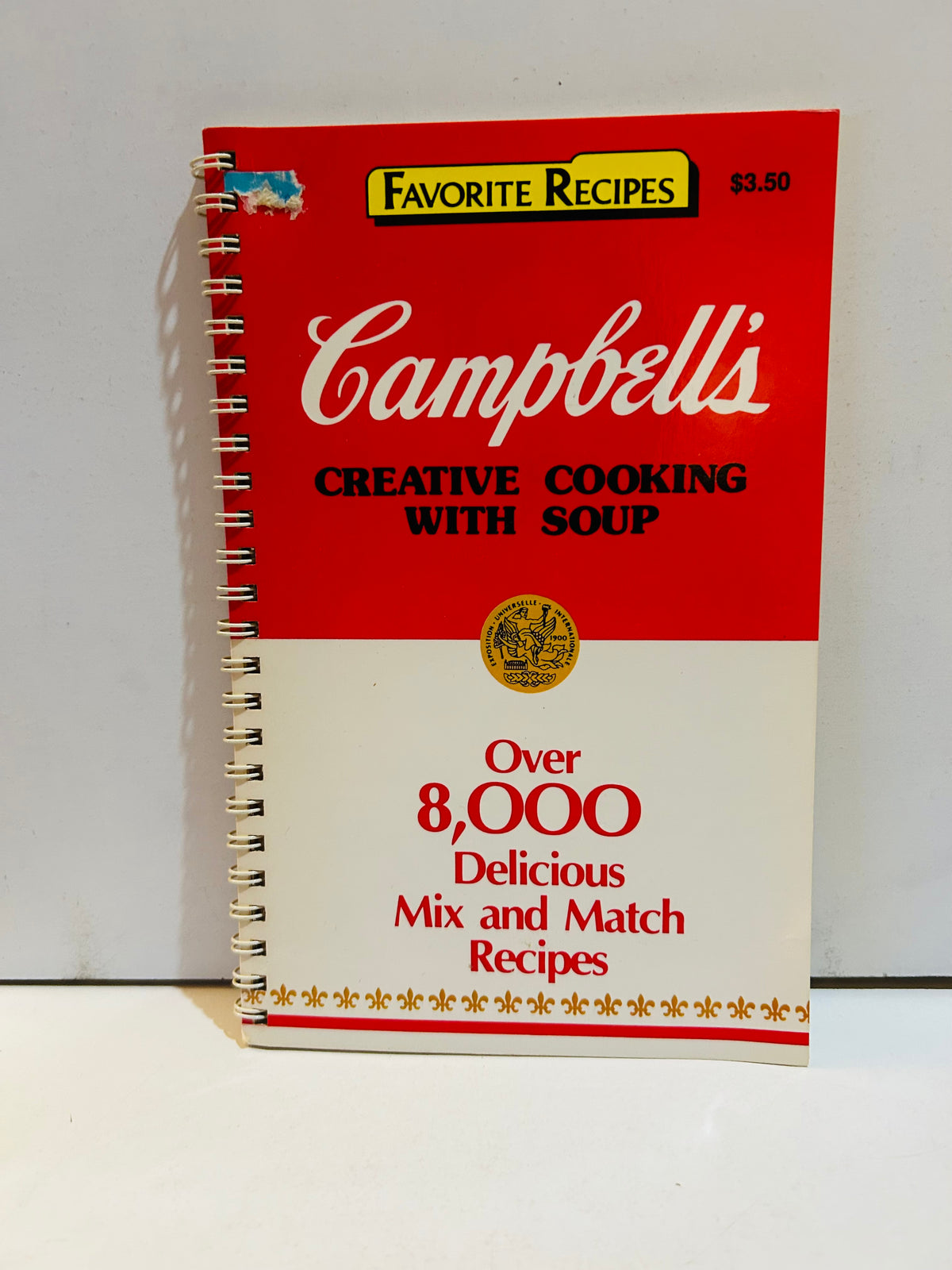 Campbell's Creative Cooking With Soup spiral-bound cookbook 1985, Favorite Recipes series, red and white Campbell's soup can design cover, Over 8000 Delicious Mix and Match Recipes, original price $3.50