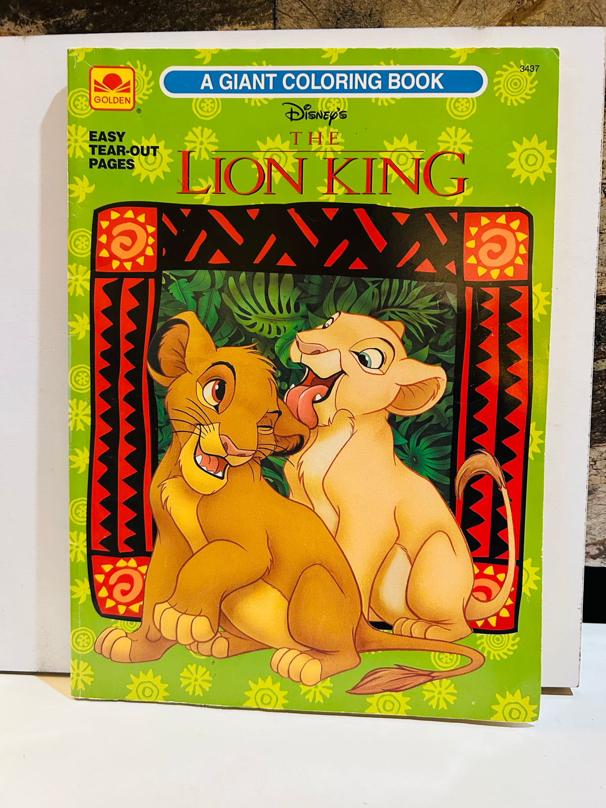 Disney's The Lion King A Giant Coloring Book Golden 1994 cover featuring young Simba and Nala on green African-patterned background with Easy Tear-Out Pages label, item 3497