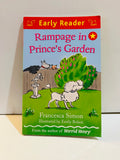 Rampage in Prince's Garden Early Reader paperback book cover by Francesca Simon illustrated by Emily Bolam, featuring a white poodle in a garden with a crow and small dog, from the author of Horrid Henry