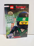 The LEGO Ninjago Movie Lloyd A Hero's Journey 2017 Scholastic Level 2 reader 6x9 paperback cover featuring Lloyd the Green Ninja in black and green armor with yellow face mask in bamboo forest, Bonus Stickers Inside badge, red LEGO logo
