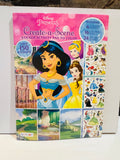 Disney Princess Create-a-Scene Sticker Activity Pad to Color 2018 Bendon cover featuring Jasmine Cinderella and Belle with over 150 stickers 6 sticker sheets 16 coloring pages 24 sticker scenes callouts on pink background