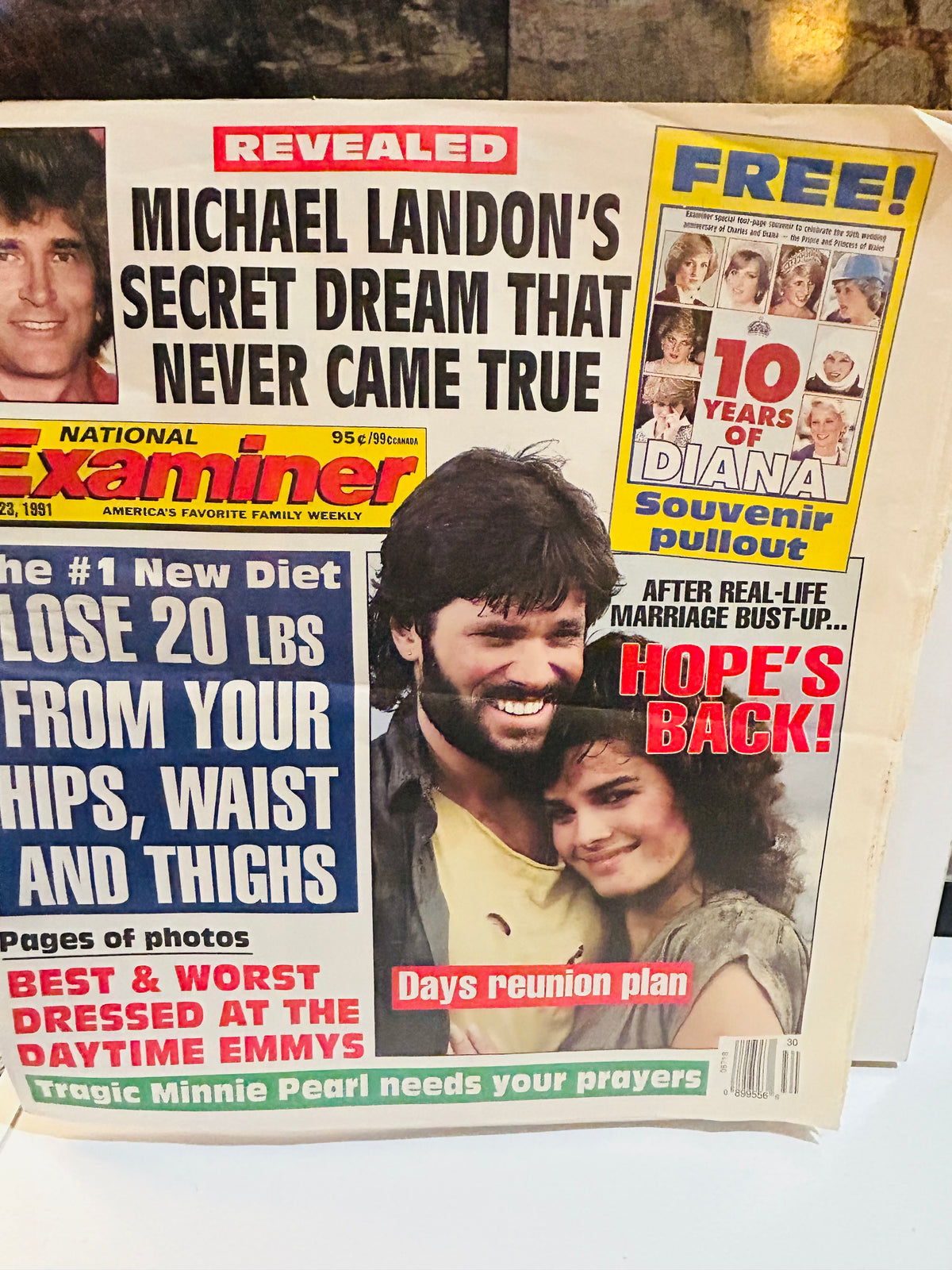 National Examiner tabloid magazine July 23 1991 cover featuring Michael Landon headline Secret Dream That Never Came True, 10 Years of Diana souvenir pullout, Hope's Back Days reunion, lose 20 lbs diet, Best and Worst Dressed Daytime Emmys, Minnie Pearl, original price 95 cents
