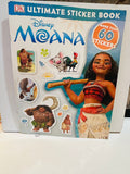 DK Ultimate Sticker Book Disney Moana 2016 cover featuring Moana holding oar with Maui Pua Heihei and other character stickers displayed, More Than 60 Stickers callout badge