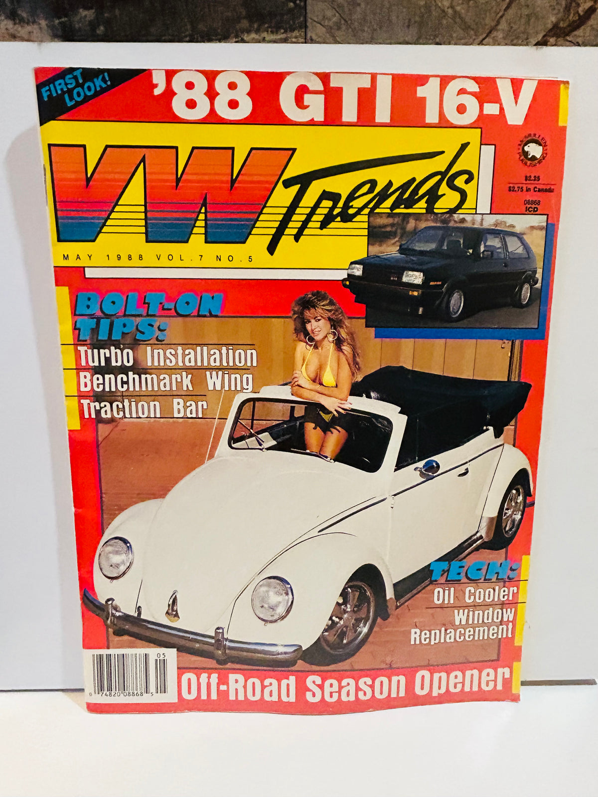 VW Trends Magazine May 1988 Vol 7 No 5 cover featuring custom white VW Beetle convertible with First Look 88 GTI 16-V inset photo, Bolt-On Tips Turbo Installation Benchmark Wing Traction Bar, Tech Oil Cooler Window Replacement, Off-Road Season Opener headline