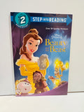 Disney Princess Beauty and the Beast Step Into Reading Step 2 2017 paperback cover featuring Belle in yellow gown holding enchanted mirror with Mrs Potts Chip Cogsworth and Lumiere, Over 30 Sparkly Stickers callout