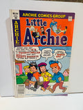 Little Archie Comic Book No. 154 Archie Comics Group 1980 cover featuring little Archie Betty Jughead and Veronica walking to school with I Woke Up dream punchline speech bubbles and Little Sabrina cameo, original 40 cent cover price, Fawcett 06968
