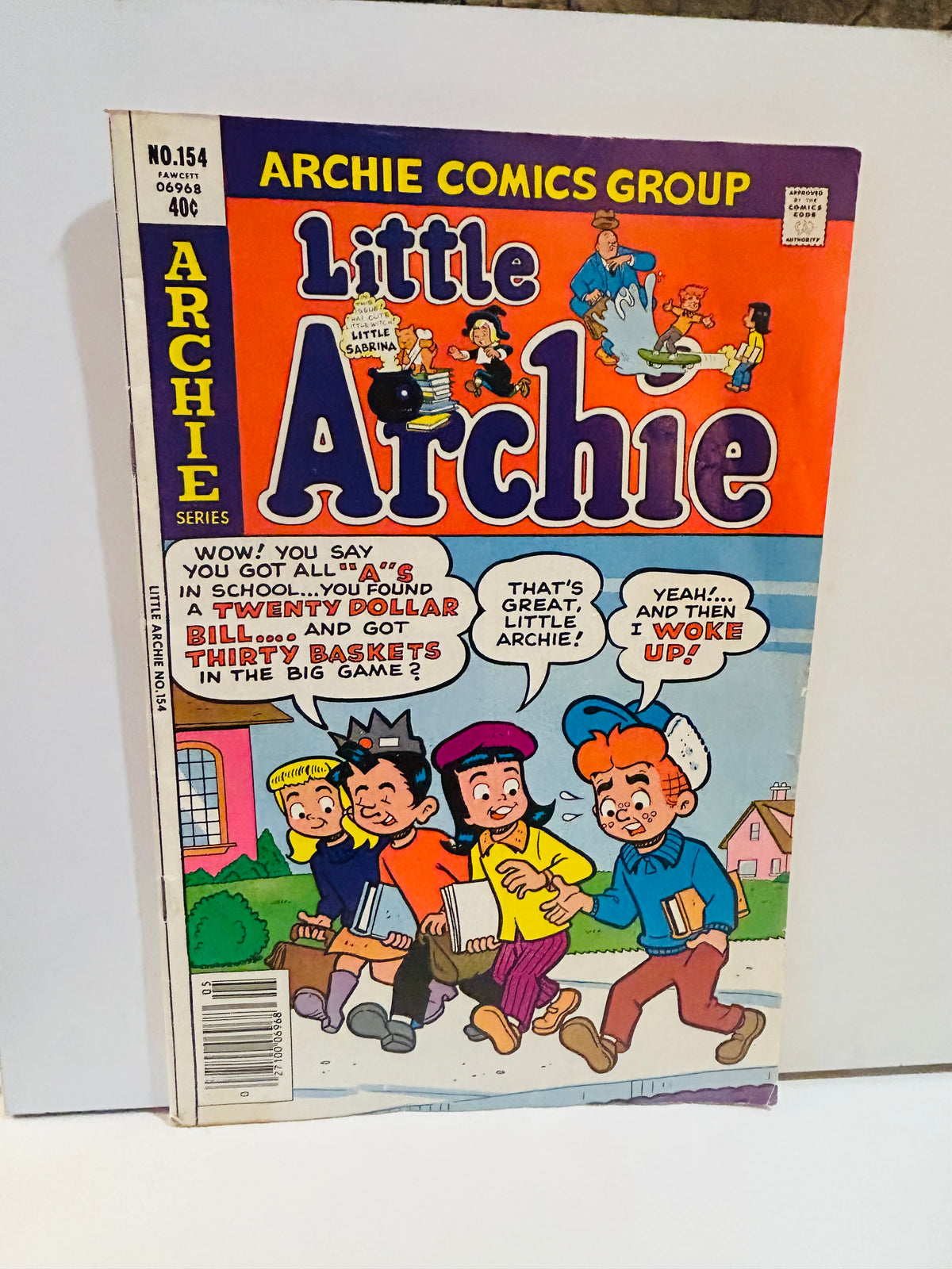 Little Archie Comic Book No. 154 Archie Comics Group 1980 cover featuring little Archie Betty Jughead and Veronica walking to school with I Woke Up dream punchline speech bubbles and Little Sabrina cameo, original 40 cent cover price, Fawcett 06968