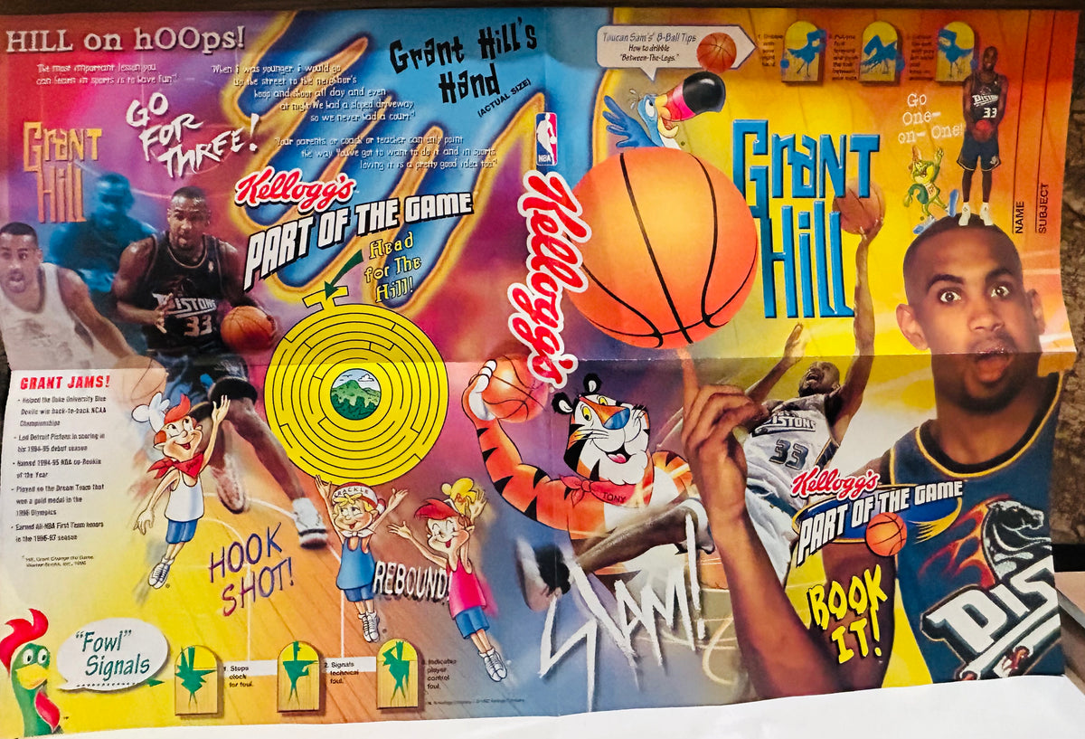 Vintage 90s Kellogg's Part of the Game Grant Hill Detroit Pistons promotional poster 14x22 inches featuring Grant Hill in Pistons #33 jersey with Tony the Tiger, Toucan Sam, basketball tips, Hook Shot, Rebound, Hill on Hoops sections and Grant Jams career highlights