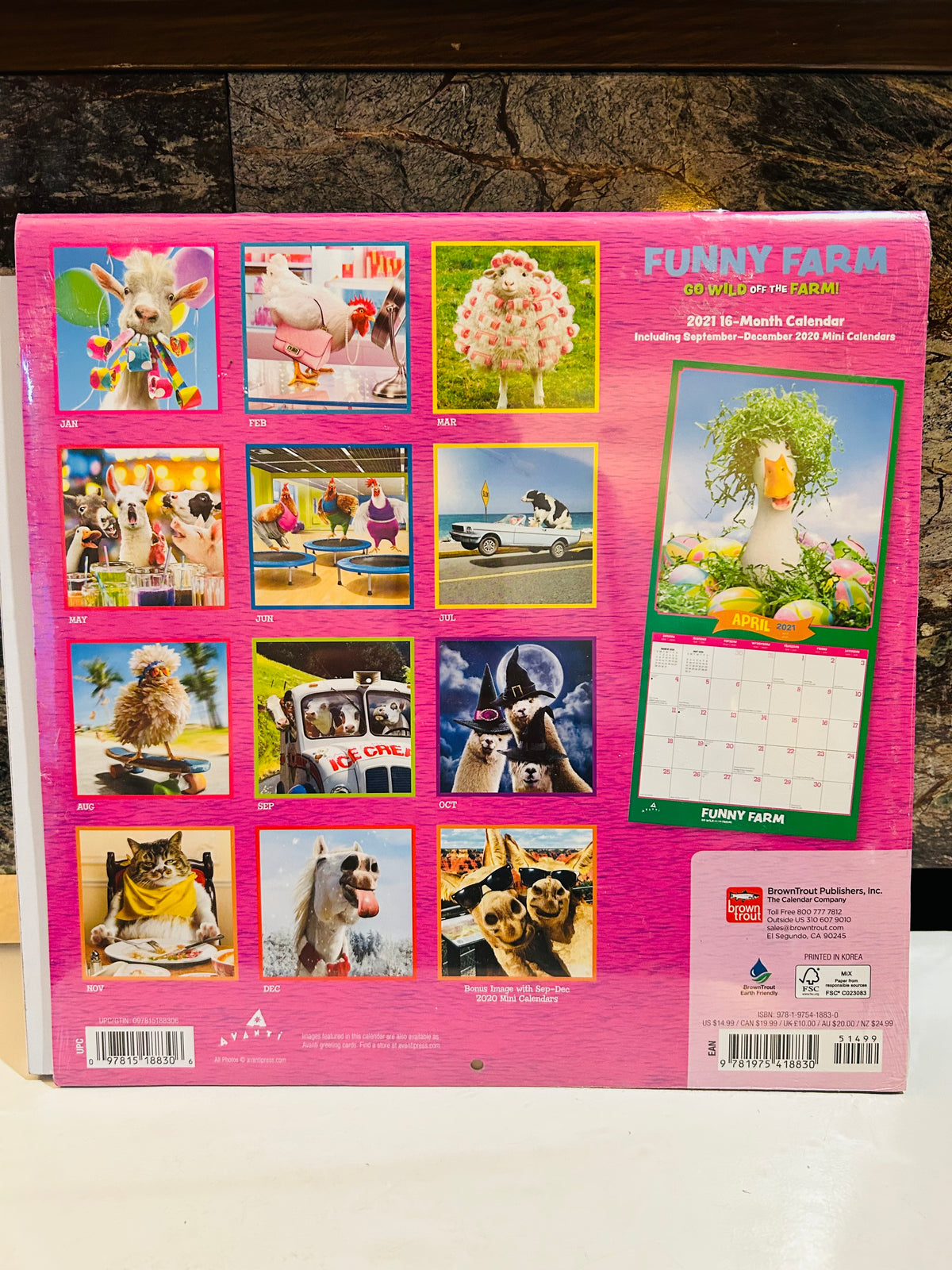 Funny Farm 2021 calendar back cover showing all 12 monthly preview photos including animals dressed in human situations, BrownTrout Publishers, ISBN 9781975418830, printed in Korea