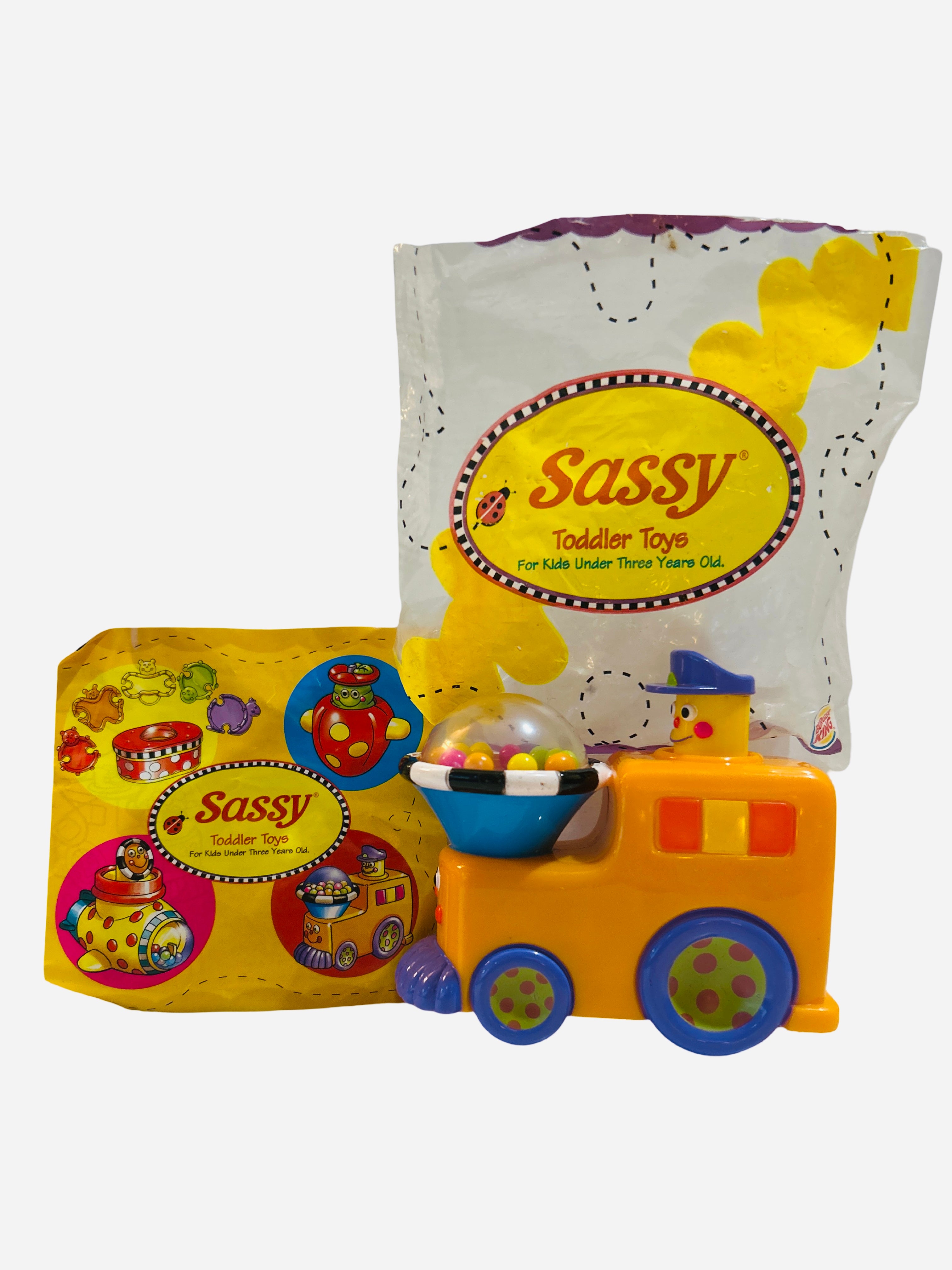 Sassy Toddler Train Toy 2001 Burger King kids meal toy – orange train with bead dome, new out of bag with original packaging