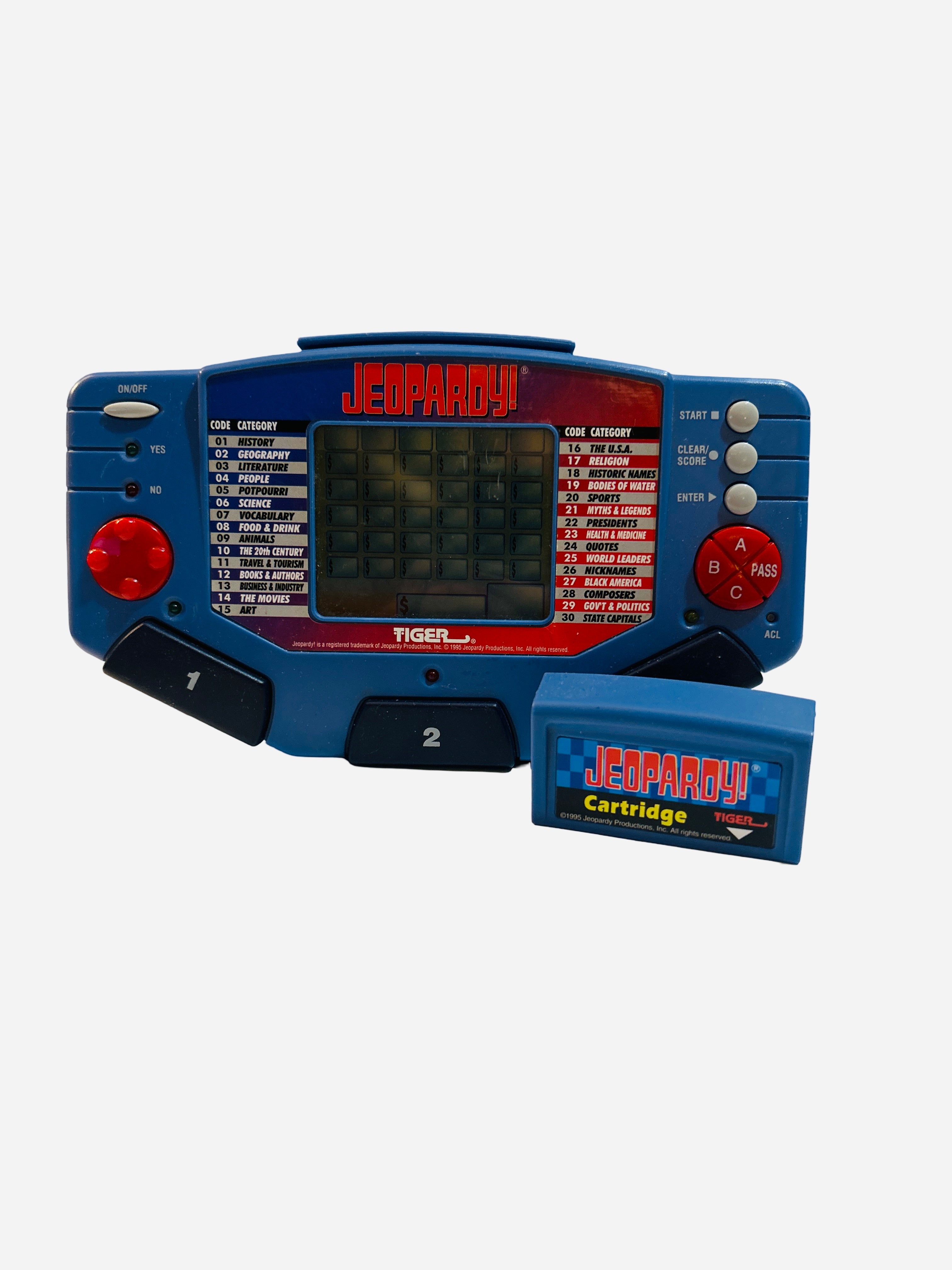 Jeopardy! Tiger Electronics handheld LCD game 1995 with Jeopardy cartridge – blue, front view