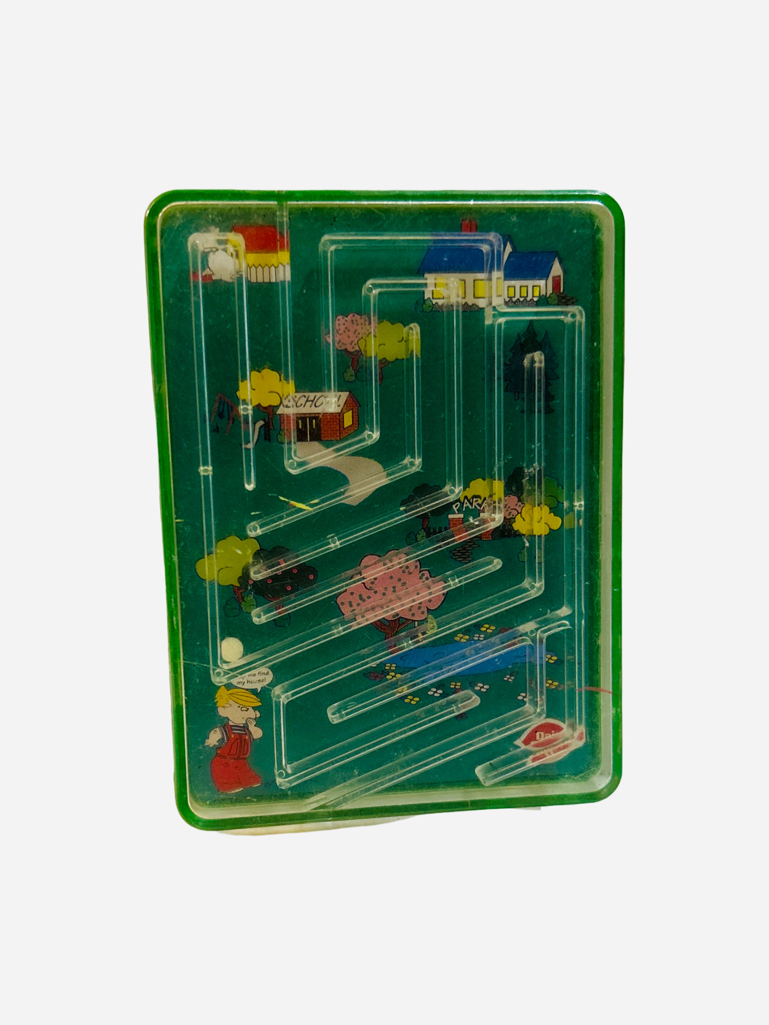 Vintage 1996 handheld marble maze ball labyrinth puzzle game with green neighborhood scene artwork