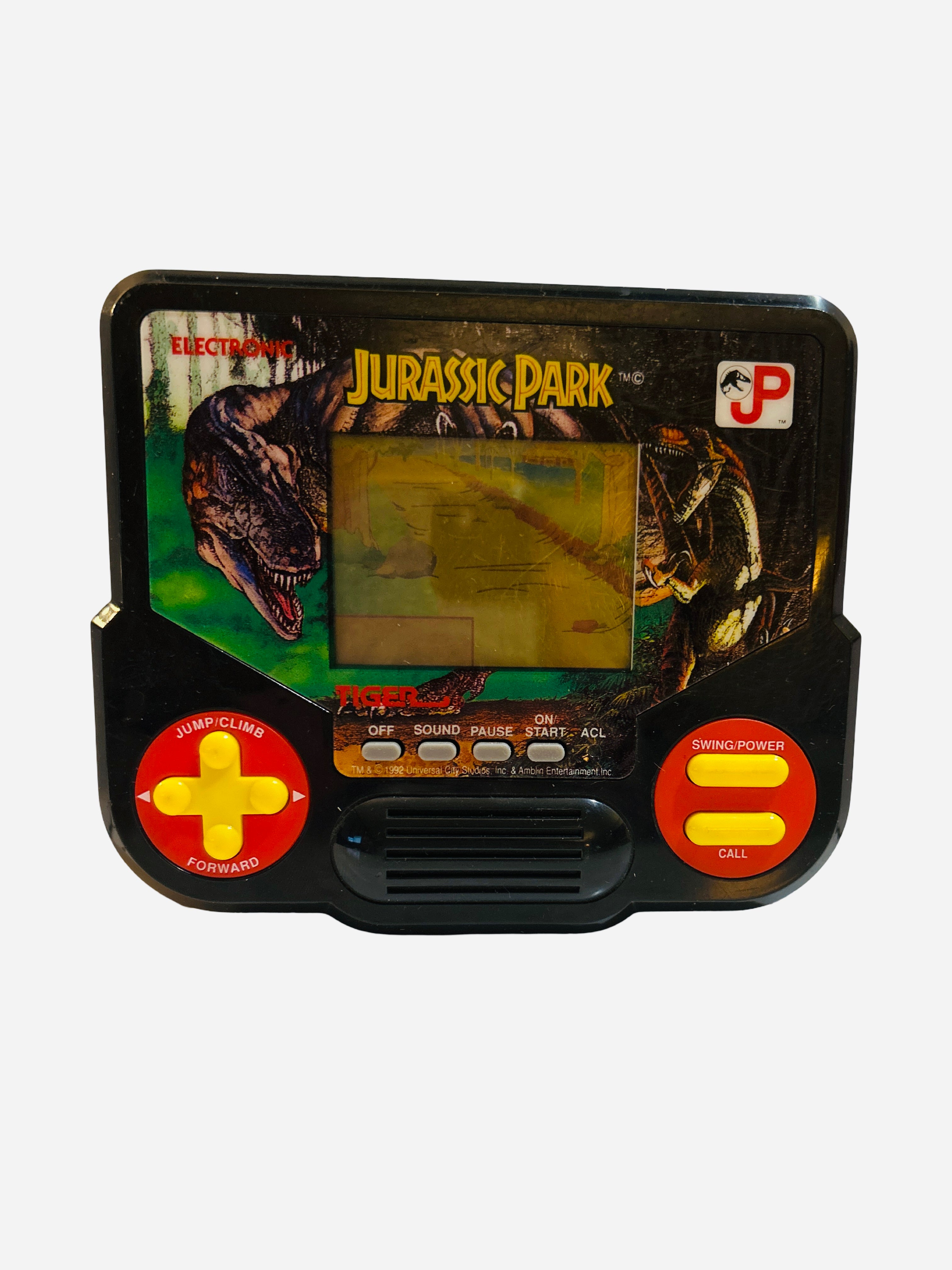 Jurassic Park Tiger Electronics handheld LCD game 1993 – front view with T-Rex and Raptor artwork