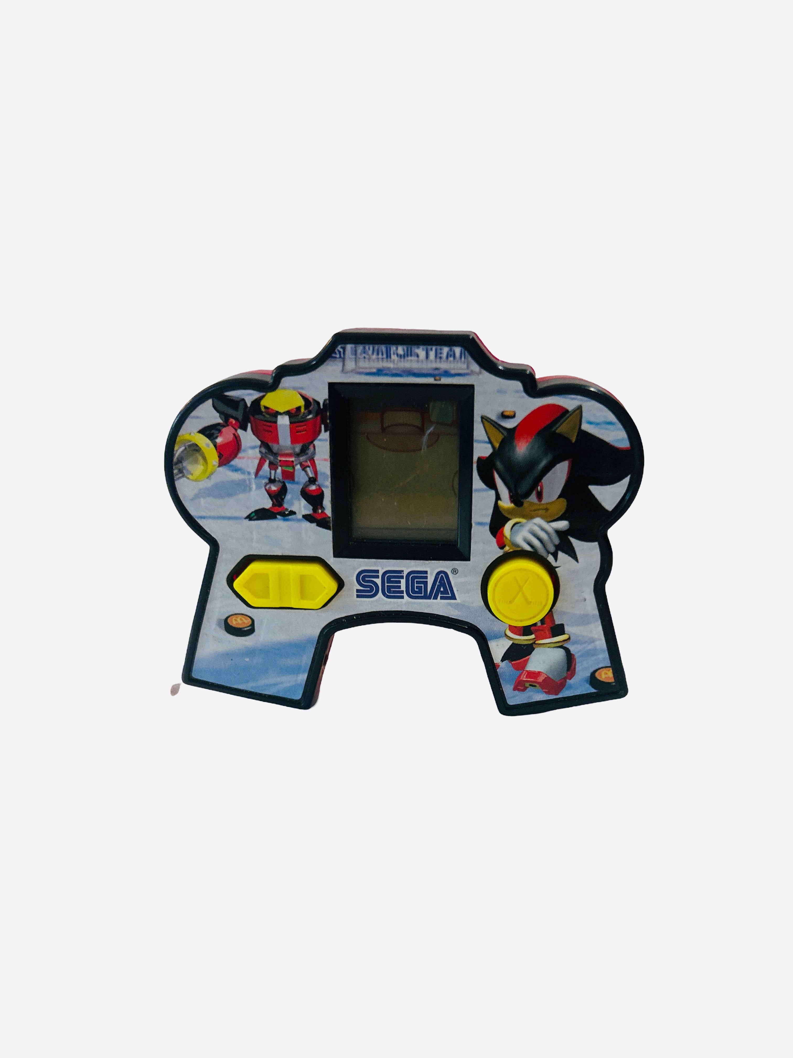 Sega Shadow the Hedgehog mini LCD handheld game 2004 – black casing with Shadow and E-123 Omega artwork