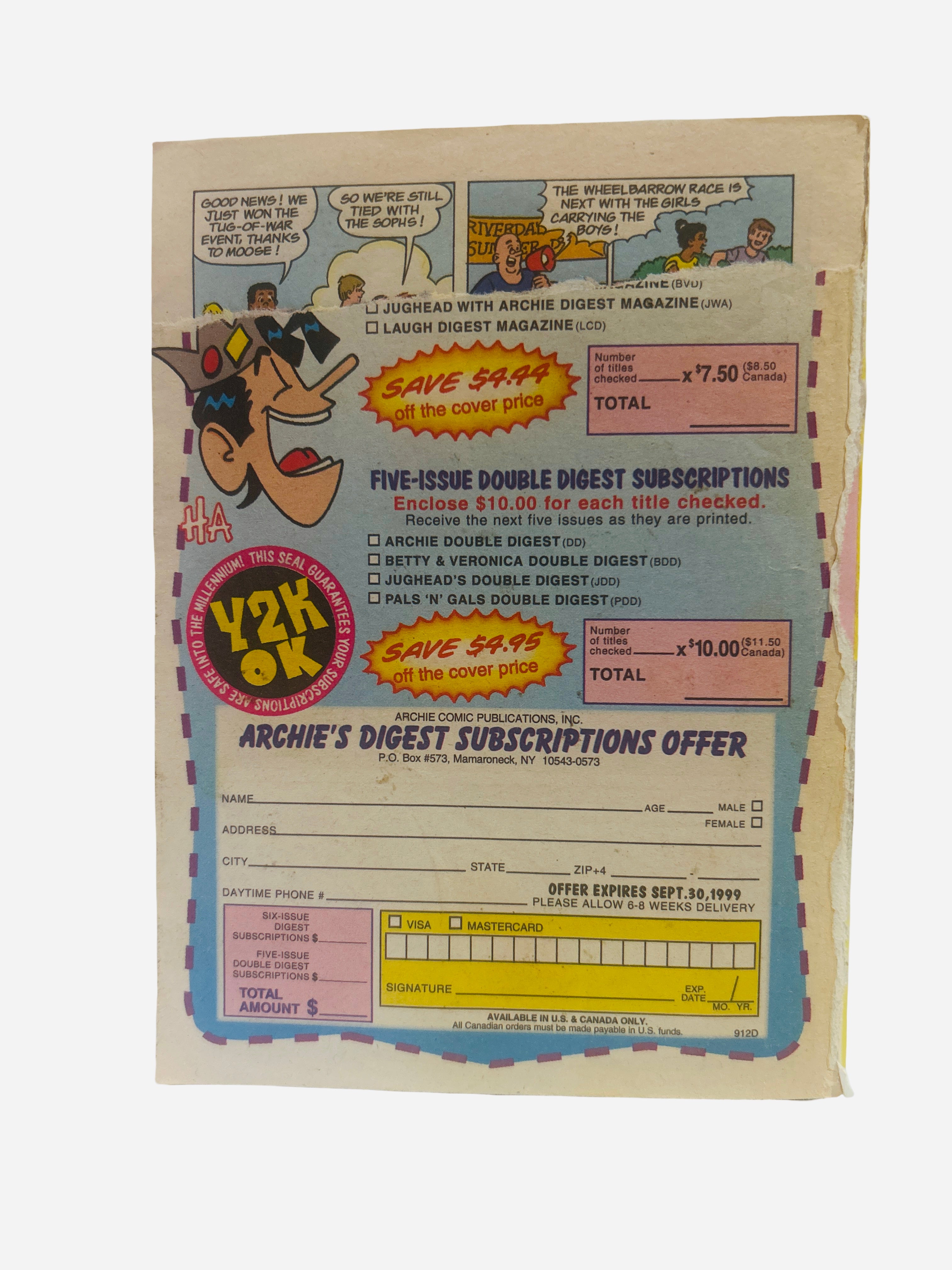 Archie's Double Digest Magazine #111 back cover missing preowned