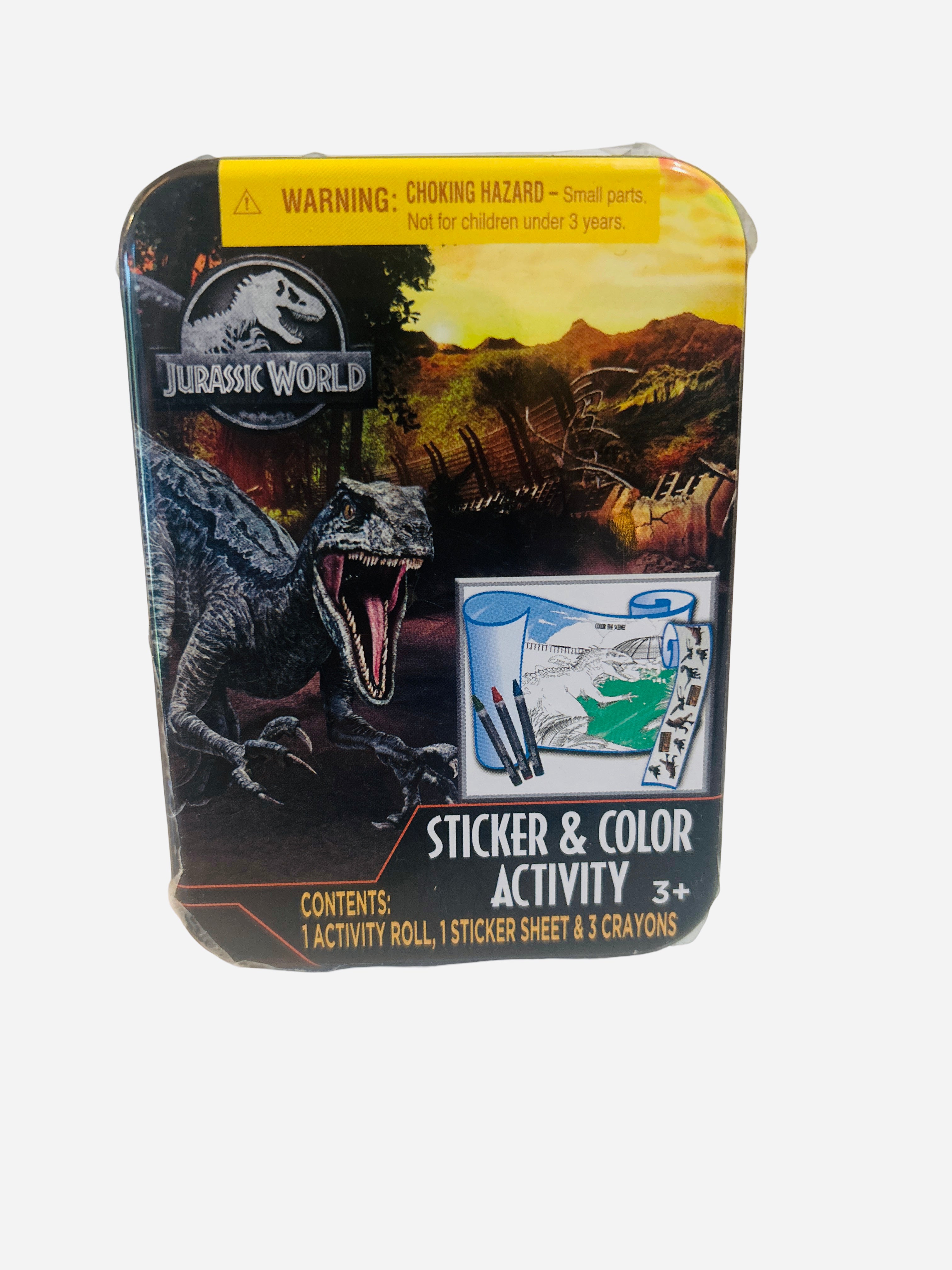 Jurassic World Sticker & Color Activity Tin sealed contents activity roll sticker sheet crayons