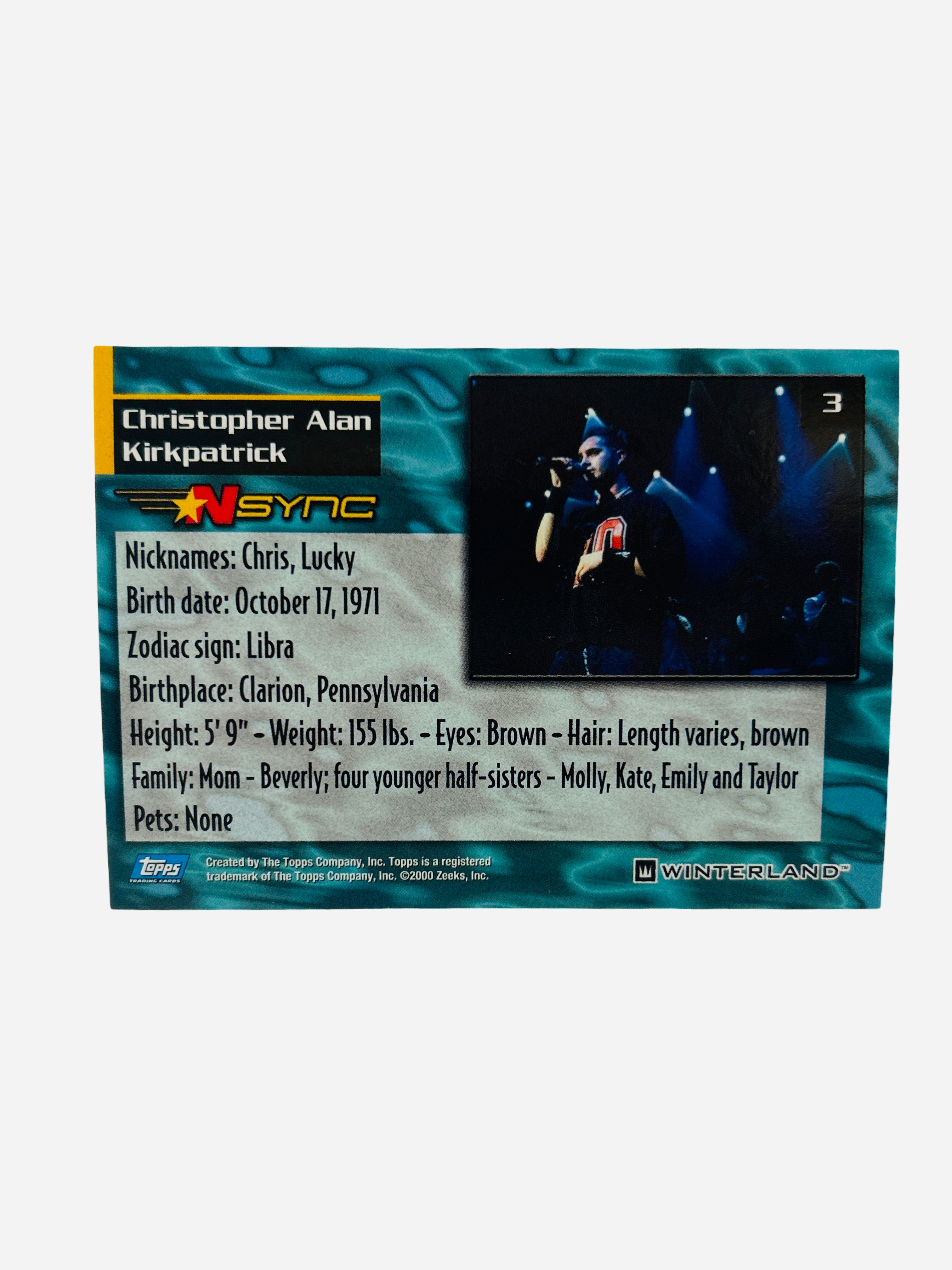 NSYNC Trading Card #3 Back – Chris Kirkpatrick Bio 2000 Topps Winterland