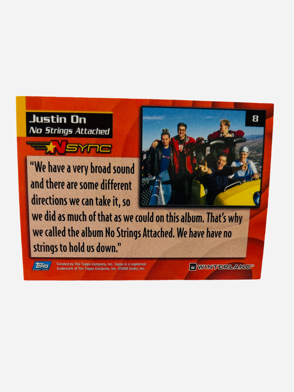 NSYNC Trading Card #8 Back – Justin On No Strings Attached Quote 2000 Topps Winterland