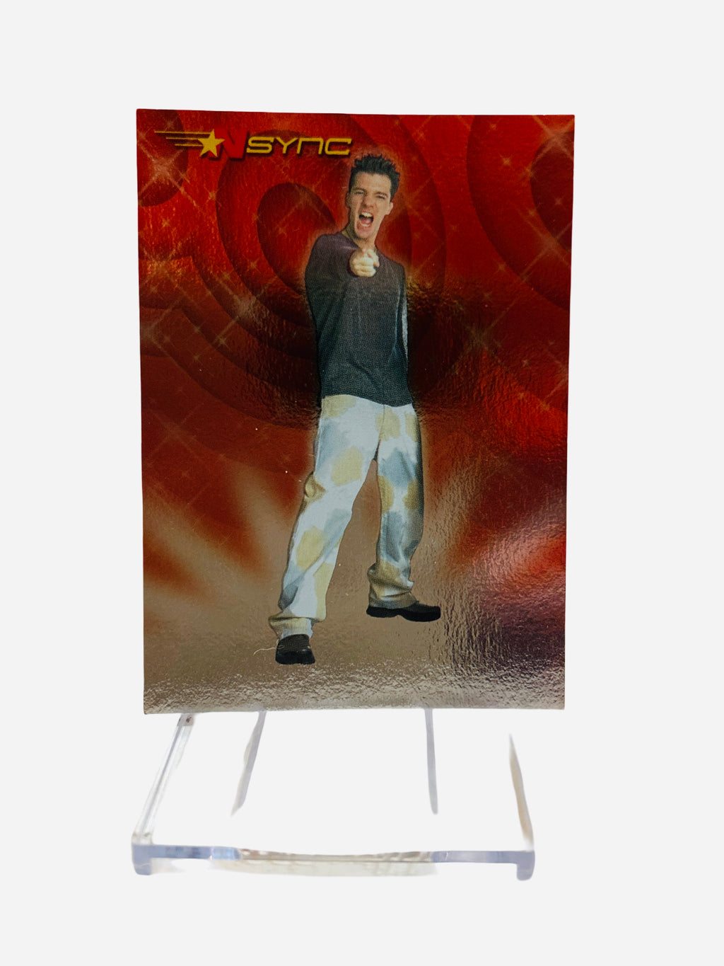 NSYNC Trading Card #9 Front – JC Chasez Dark Mesh Top Pointing Red Swirl Background 2000 Topps Winterland