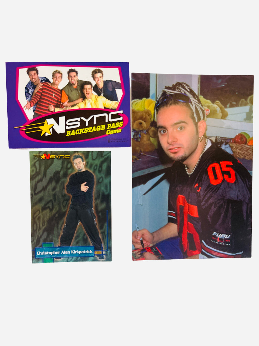 NSYNC 3-Piece Set – Chris Kirkpatrick FUBU Jersey 4x6 Photo, Backstage Pass, Trading Card #3 2000