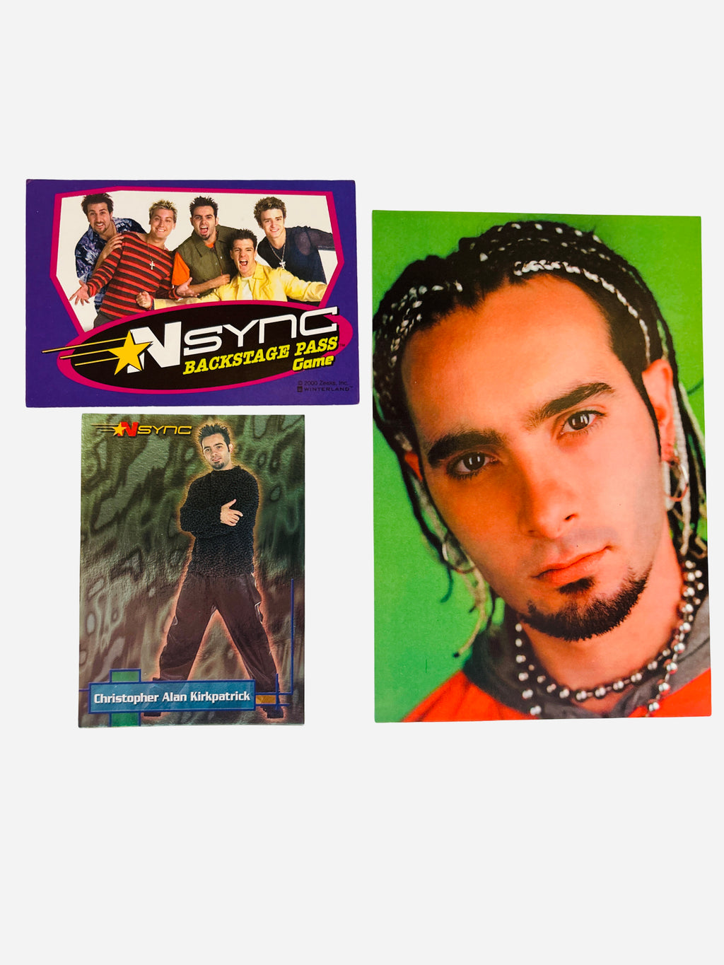 NSYNC 3-Piece Set – Chris Kirkpatrick Close-Up Portrait Green Background, Backstage Pass, Trading Card #3 2000