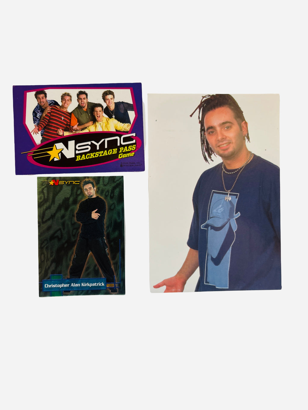 NSYNC 3-Piece Set – Chris Kirkpatrick Smiling Blue Tee Dreads Photo, Backstage Pass, Trading Card #3 2000