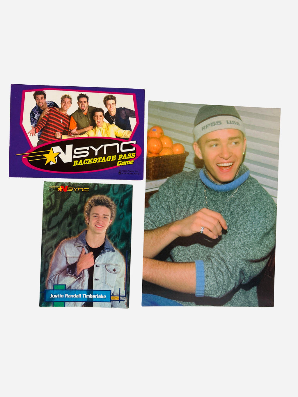 NSYNC 3-Piece Set – Justin Timberlake 4x6 Photo Green Sweater Beanie, Backstage Pass, Trading Card #4 2000